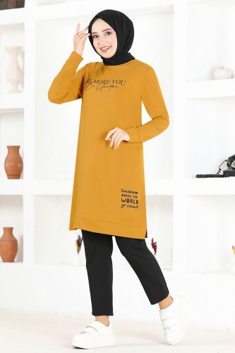 moda selvim Printed Sports Tunic MSL7777 Mustard - Thumbnail