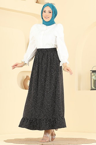 moda selvim Puantiye Desen Jesika Etek 129NZRK1200 Siyah - Thumbnail