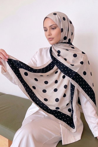 moda selvim Puantiye Desen Soft Şal 302AFV475 Ekru&Siyah - Thumbnail