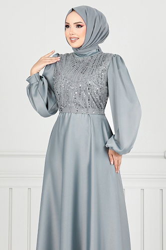 moda selvim Pul Detay Saten Abiye 5691END900-M Gri - Thumbnail