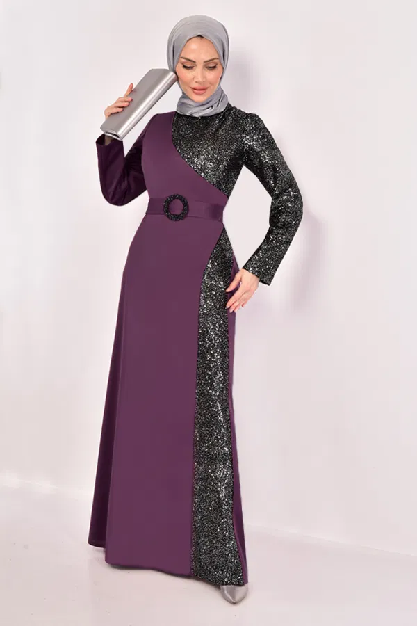 Modaselvim SEPETTE NET %20+%20 İNDİRİM Pul Detaylı Abiye ASM2524-M Mürdüm