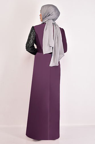 moda selvim Pul Detaylı Abiye ASM2524-M Mürdüm - Thumbnail