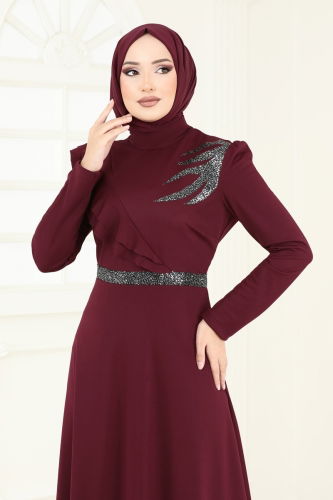 moda selvim Pul Detaylı Abiye ASM2772 Bordo - Thumbnail