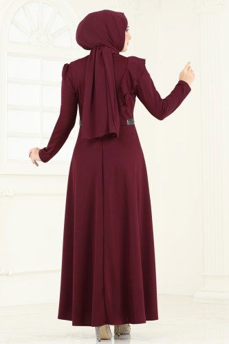 moda selvim Pul Detaylı Abiye Elbise ASM2772 Bordo - Thumbnail