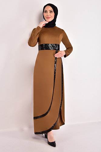 moda selvim Pul Detaylı Elbise ASM2545-M Camel - Thumbnail