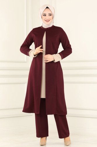 moda selvim Pul Detaylı İkili Takım ASM2550 Koyu Bordo - Thumbnail