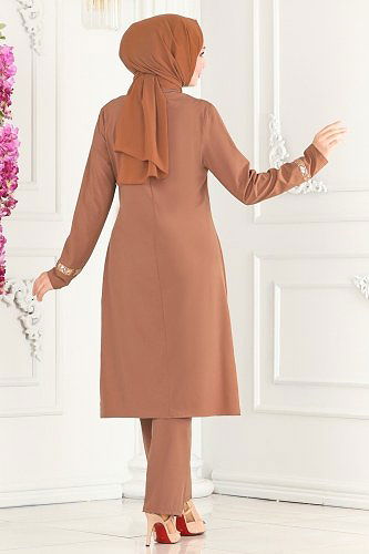 moda selvim Pul Detaylı İkili Takım ASM2680 Taba - Thumbnail