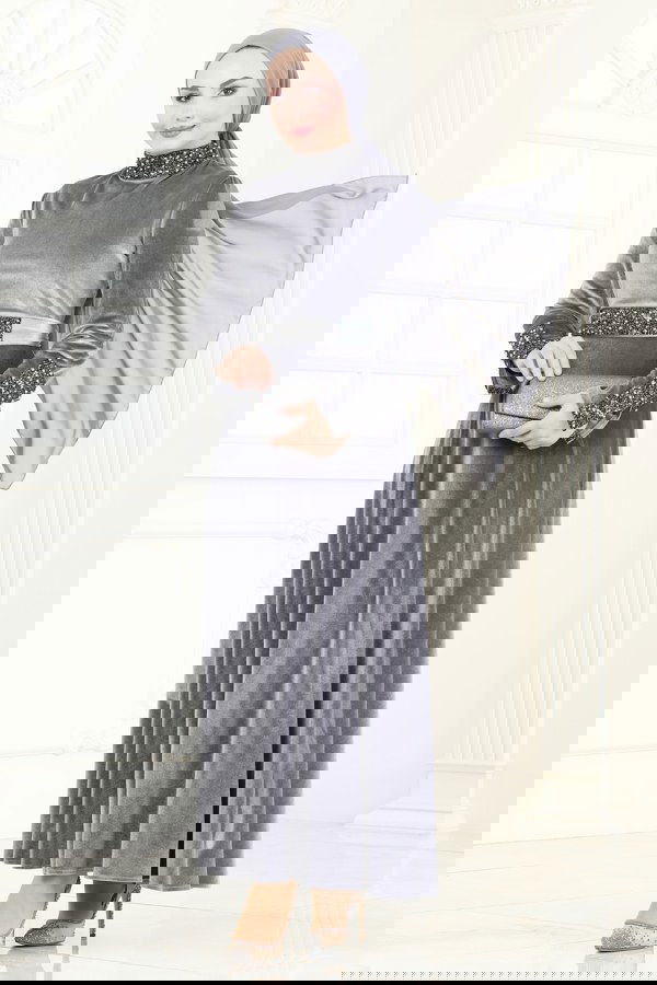 Modaselvim BAHAR İNDİRİMLERİ Pul Detaylı Kadife Abiye Elbise ASM2776 Gri