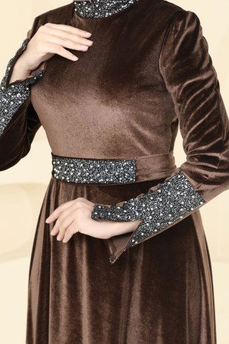 moda selvim Pul Detaylı Kadife Abiye Elbise ASM2776 Kahve - Thumbnail