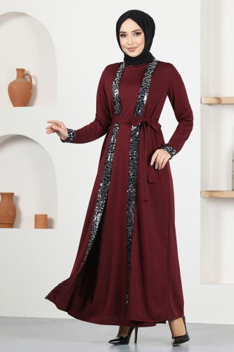 moda selvim Pul Detaylı Kemerli Elbise ASM2666-1 Bordo - Thumbnail