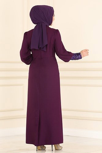 moda selvim Pul Detaylı Krep Elbise ASM2553 Koyu Mürdüm - Thumbnail