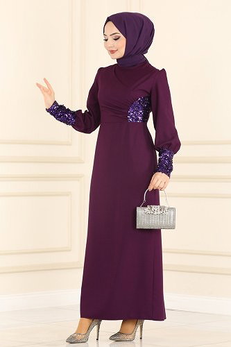 moda selvim Pul Detaylı Krep Elbise ASM2553 Koyu Mürdüm - Thumbnail