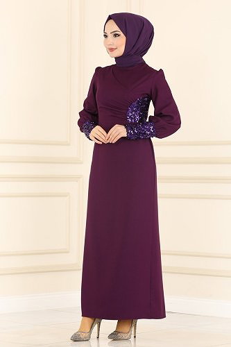 moda selvim Pul Detaylı Krep Elbise ASM2553 Koyu Mürdüm - Thumbnail