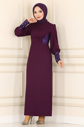 moda selvim Pul Detaylı Krep Elbise ASM2553 Koyu Mürdüm - Thumbnail