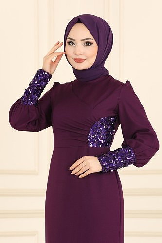 moda selvim Pul Detaylı Krep Elbise ASM2553 Koyu Mürdüm - Thumbnail