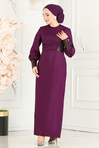 moda selvim Pul Detaylı Krep Elbise ASM2553 Mürdüm - Thumbnail