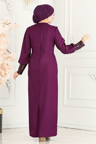 moda selvim Pul Detaylı Krep Elbise ASM2553 Mürdüm - Thumbnail