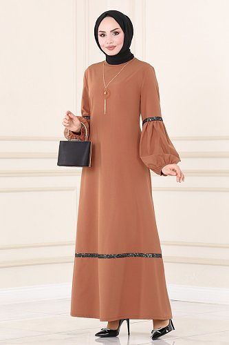 moda selvim Pul Detaylı Krep Elbise ASM2676 Taba - Thumbnail