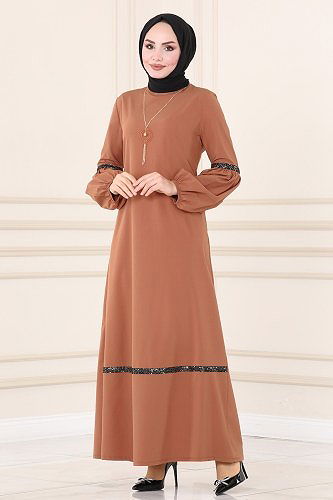 moda selvim Pul Detaylı Krep Elbise ASM2676 Taba - Thumbnail