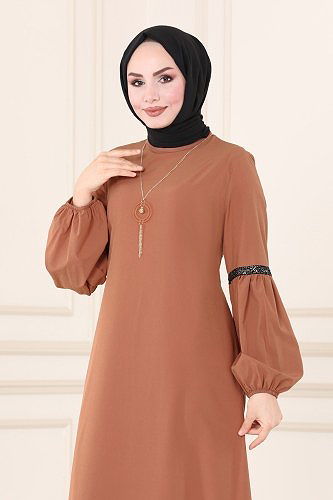 moda selvim Pul Detaylı Krep Elbise ASM2676 Taba - Thumbnail