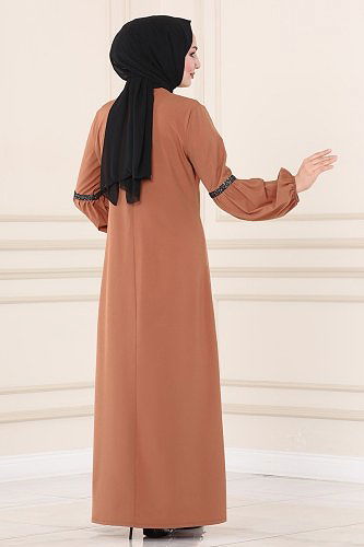 moda selvim Pul Detaylı Krep Elbise ASM2676 Taba - Thumbnail