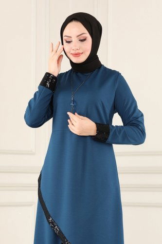 moda selvim Pul Detaylı Tesettür Takım ASM2559 Petrol - Thumbnail