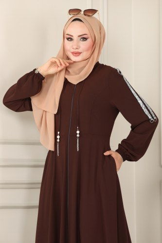 moda selvim Pul Detaylı Mevlana Ferace 2195SL432 Kahve - Thumbnail