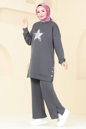 moda selvim Pul Detaylı Modal Kumaş Takım 15932NVN696 Antrasit - Thumbnail