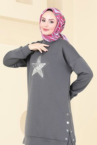 moda selvim Pul Detaylı Modal Kumaş Takım 15932NVN696 Antrasit - Thumbnail