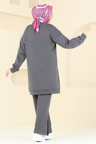 moda selvim Pul Detaylı Modal Kumaş Takım 15932NVN696 Antrasit - Thumbnail