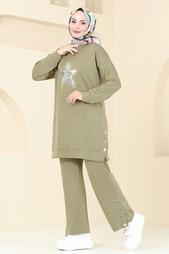 moda selvim Pul Detaylı Modal Kumaş Takım 15932NVN696 Çağla - Thumbnail