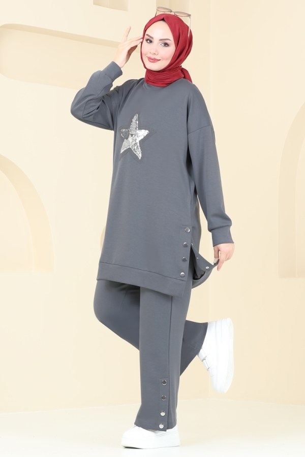 Modaselvim KURBAN BAYRAMI İNDİRİMİ Pul Detaylı Modal Kumaş Takım 15932NVN696 Gri