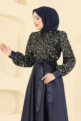 moda selvim Pul Detaylı Saten Abiye 2537ASMK1074 Laci&Gold - Thumbnail