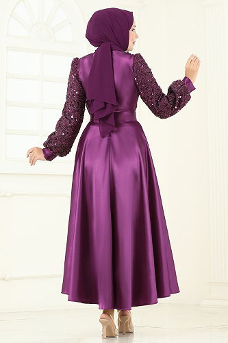 moda selvim Pul Detaylı Saten Abiye 2537ASMK1074 Mor - Thumbnail