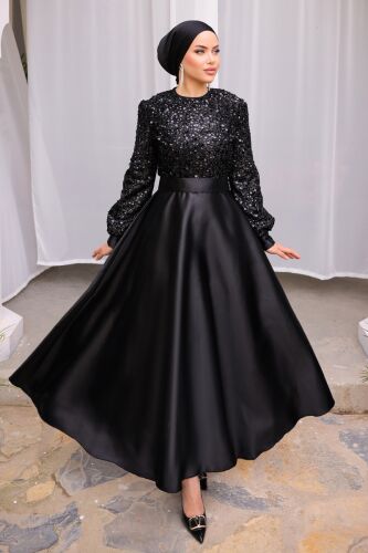 moda selvim Pul Detaylı Saten Abiye 2537ASMK1074 Siyah - Thumbnail