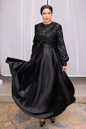 moda selvim Pul Detaylı Saten Abiye 2537ASMK1074 Siyah - Thumbnail