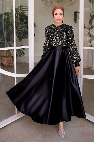 moda selvim Pul Detaylı Saten Abiye 2537ASMK1074 Siyah&Gold - Thumbnail