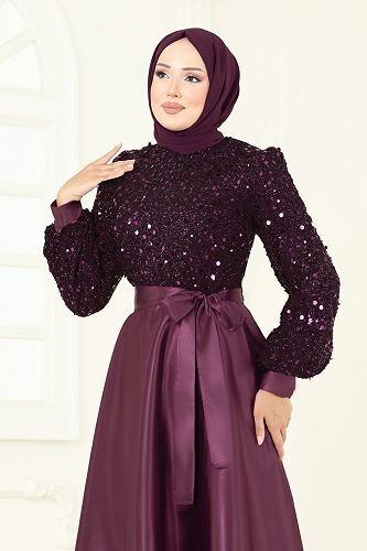 moda selvim Pul Detaylı Saten Abiye 2537ASMK1074 Siyah&Mürdüm - Thumbnail