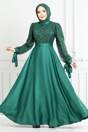 moda selvim Pul Detaylı Saten Abiye 5670END900-M Zümrüt - Thumbnail