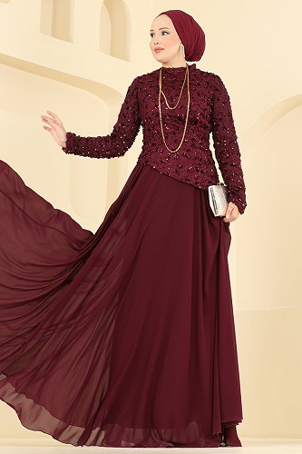moda selvim Pul Detaylı Şifon Abiye 247DMNK1166 Bordo - Thumbnail