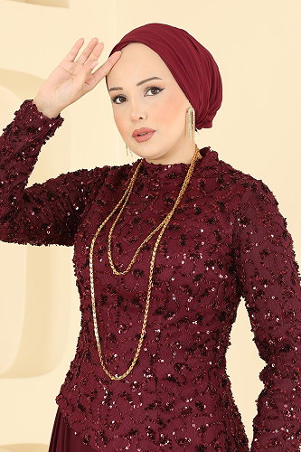moda selvim Pul Detaylı Şifon Abiye 247DMNK1166 Bordo - Thumbnail