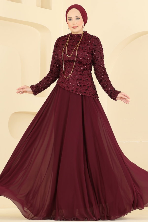 Modaselvim ABİYE Pul Detaylı Şifon Abiye 247DMNK1166 Bordo