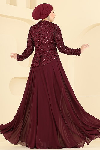 moda selvim Pul Detaylı Şifon Abiye 247DMNK1166 Bordo - Thumbnail