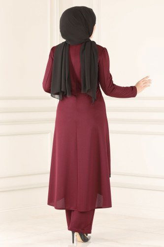 moda selvim Pul Detaylı Şık Takım ASM2500 Bordo - Thumbnail