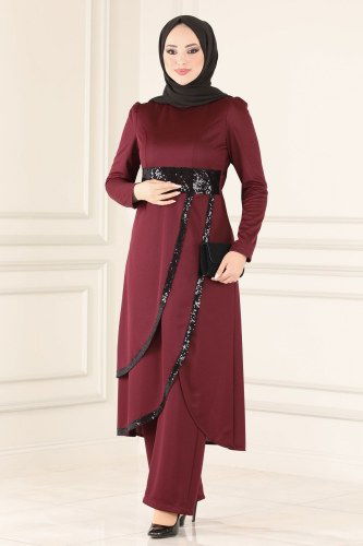 moda selvim Pul Detaylı Şık Takım ASM2500 Bordo - Thumbnail