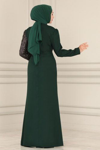 moda selvim Pul Detaylı Tesettür Abiye ASM2524 Açık Zümrüt - Thumbnail