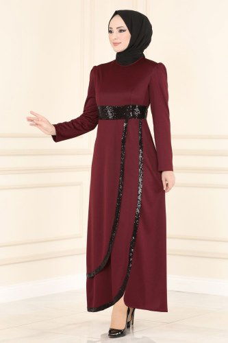 moda selvim Pul Payet Detaylı Tesettür Abiye ASM2545 Bordo - Thumbnail