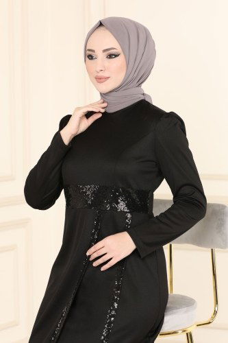 moda selvim Pul Payet Detaylı Tesettür Abiye ASM2545 Siyah - Thumbnail
