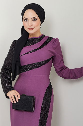 moda selvim Pul Detaylı Tesettür Abiye ASM2710-M Lila - Thumbnail