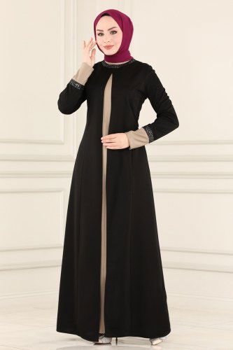 moda selvim Pul Detaylı Tesettür Elbise ASM2581 Siyah - Thumbnail